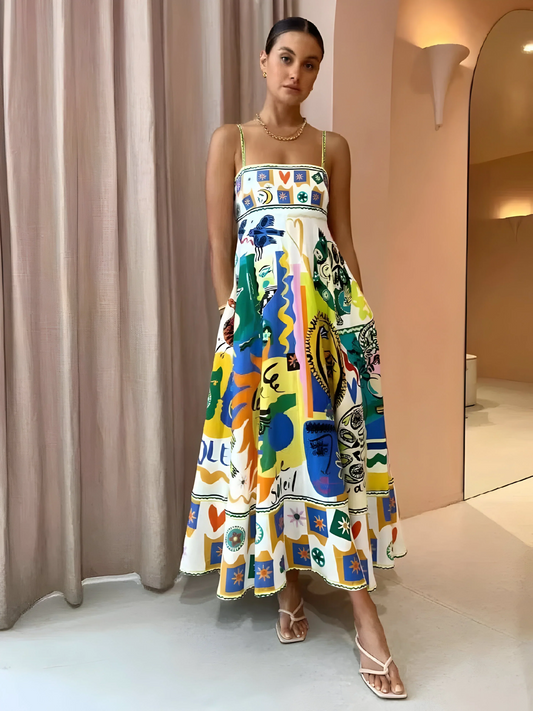Women’s multi-colour summer dress made from lightweight breathable fabric with a relaxed fit, suitable for casual outings, daytime activities, and warm-weather wear.

