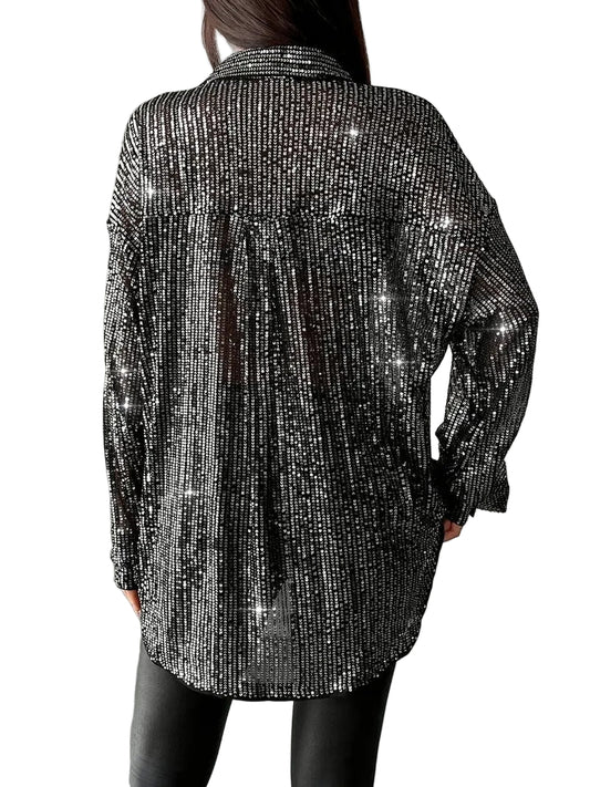 Sequined Loose  Long Sleeve Shirt