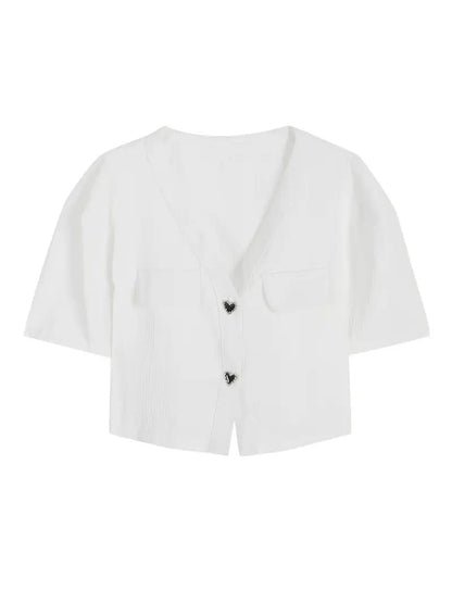 V-Neck Short Sleeve Shirt with Heart-Shaped Buttons