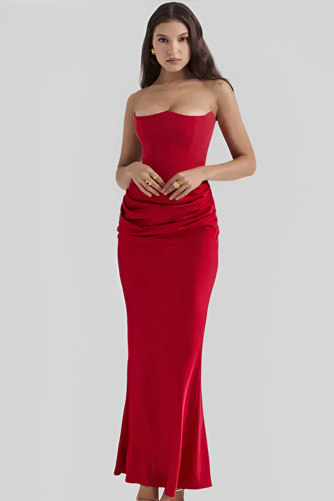 Women’s red strapless maxi dress featuring a flowing shape and easy slip-on design, great for daytime events or relaxed evening wear.

